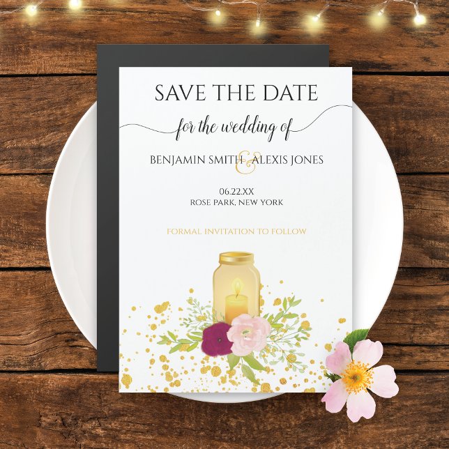 Candle Mason Jar Gold Sparkle Save the Date Magnetic Invitation (Creator Uploaded)