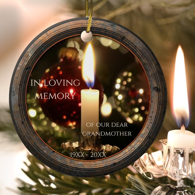 Candle Memorial Christmas Ceramic Ornament (Memorial Christmas ornament featuring an image of a candle with sparkling lights and rustic metal)
