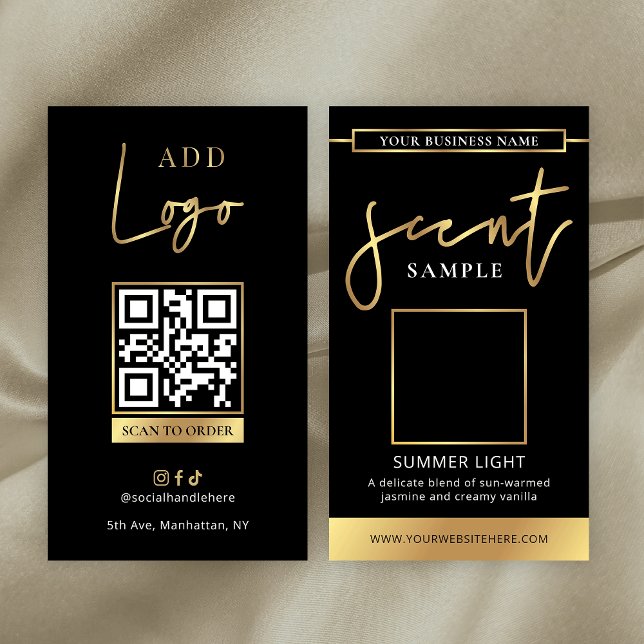 Candle Scent Tester Card Perfume Sample Black Gold (Elegant black and faux gold scent sample card template with scannable QR code and your logo)