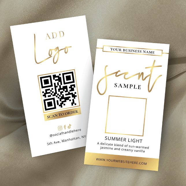 Candle Scent Tester Card Perfume Sample Gold Logo (Elegant white and faux gold scent sample card template with scannable QR code and your logo)