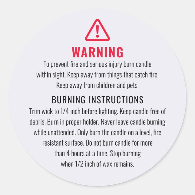 Candle Warning and Burning Instructions Label (Front)