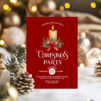 Candlelight Red Bow on Red Christmas Party Invite