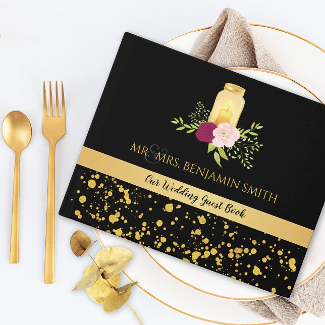 Candlelight Roses Mason Jar Sparkle Wedding Guest Book (Creator Uploaded)