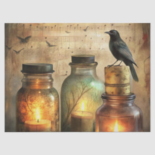 Candlelit Crow with Antique Bottles & Sheet Music