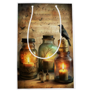 Candlelit Crow with Antique Bottles & Sheet Music Medium Gift Bag