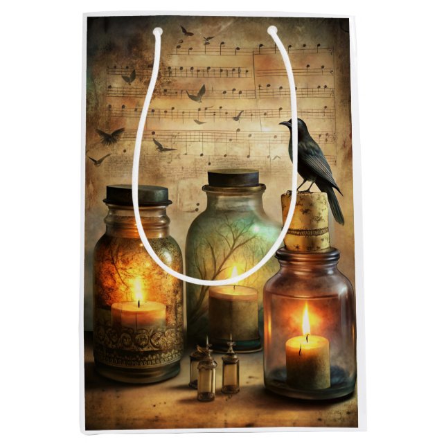 Candlelit Crow with Antique Bottles & Sheet Music Medium Gift Bag (Front)