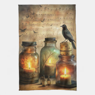 Candlelit Crow with Antique Bottles & Sheet Music Tea Towel