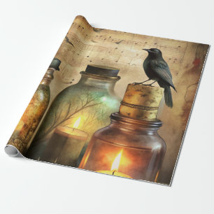 Candlelit Crow with Antique Bottles & Sheet Music Wrapping Paper