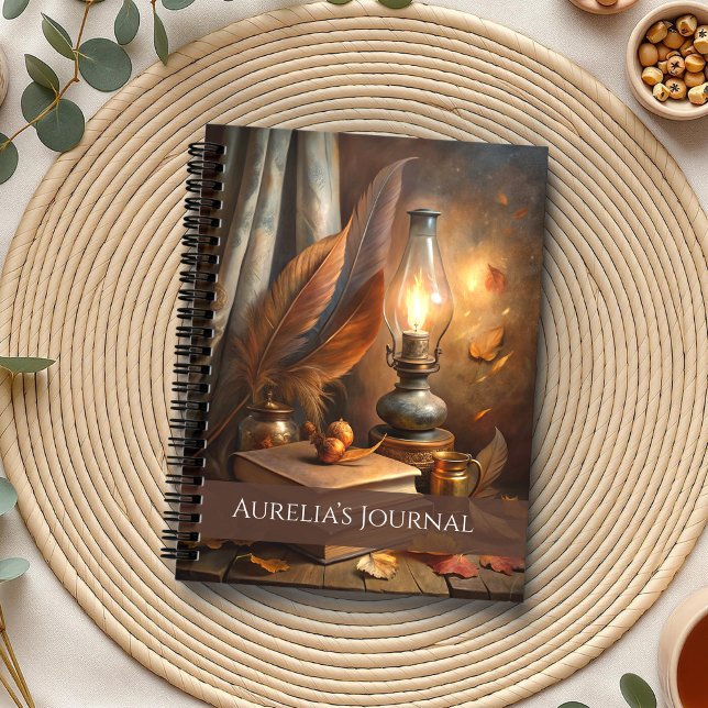 Candlelit Spellbook Notebook – Cosy Witch Journal (Candlelit Spellbook Notebook – Cozy Witch Journal on a boho table with herbs and a cup of tea.)