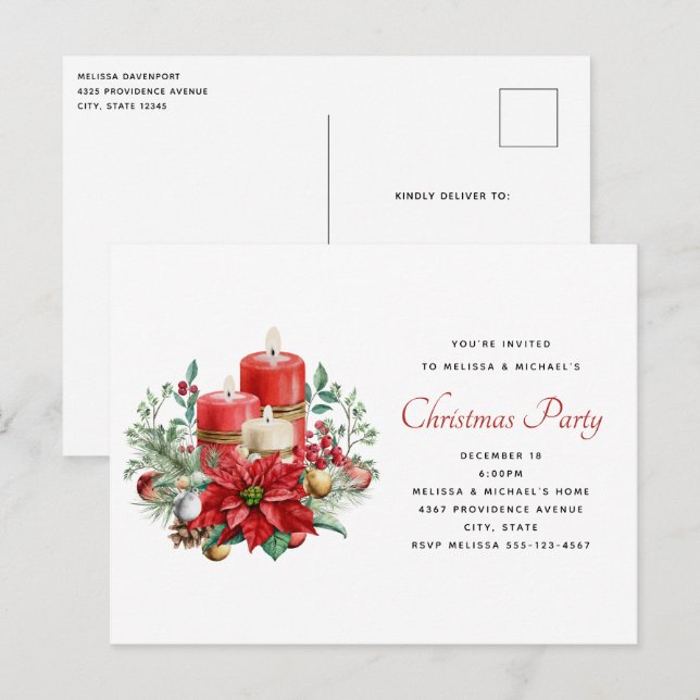 Candles and Floral Bouquet Christmas Party Postcard (Front/Back)
