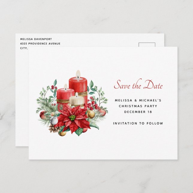 Candles and Floral Bouquet Christmas Save the Date Invitation Postcard (Front/Back)