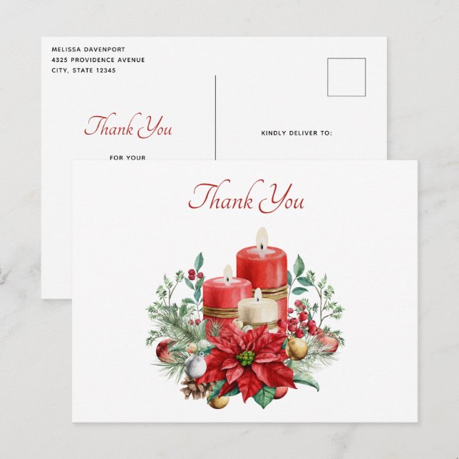 Candles and Floral Bouquet Christmas Thank You Postcard (Front/Back)