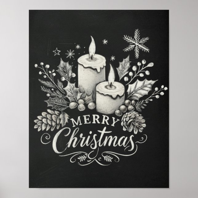 Candles and Holly Chalkboard Merry Christmas Poster (Front)