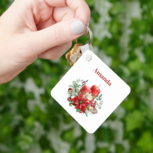 Candles and Poinsettia Bouquet Christmas Key Ring