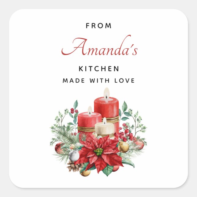 Candles and Poinsettia Bouquet Christmas Kitchen Square Sticker (Front)