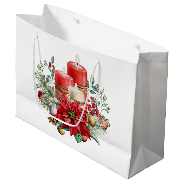 Candles and Poinsettia Bouquet Christmas Large Gift Bag (Front Angled)