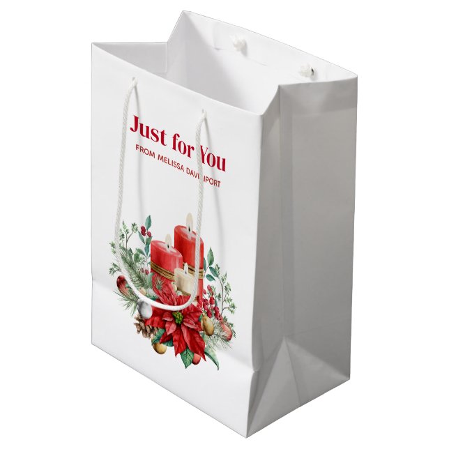 Candles and Poinsettia Bouquet Christmas Medium Gift Bag (Front Angled)