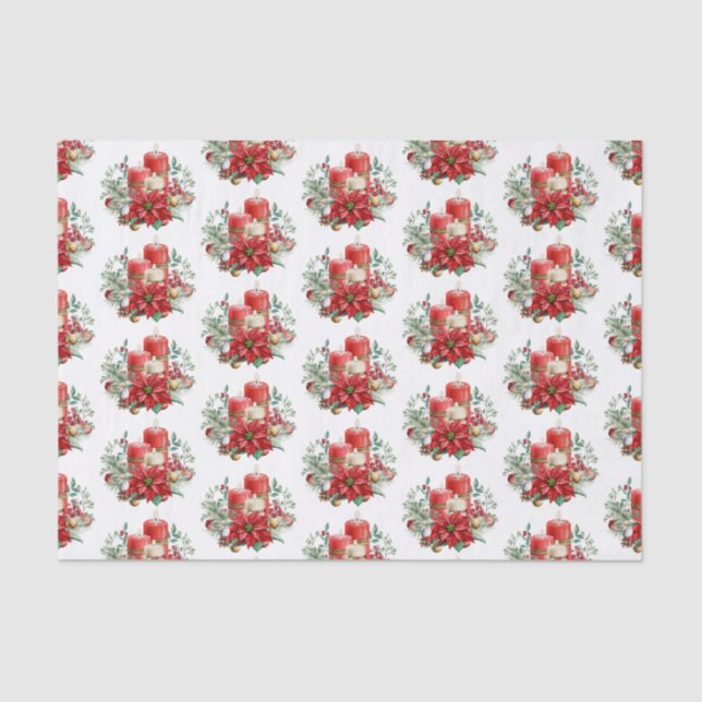 Candles and Poinsettia Bouquet Christmas Pattern Tissue Paper (Front)
