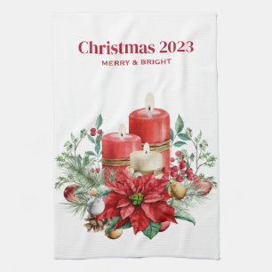Candles and Poinsettia Bouquet Christmas Tea Towel
