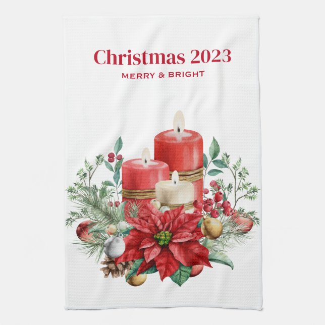 Candles and Poinsettia Bouquet Christmas Tea Towel (Vertical)