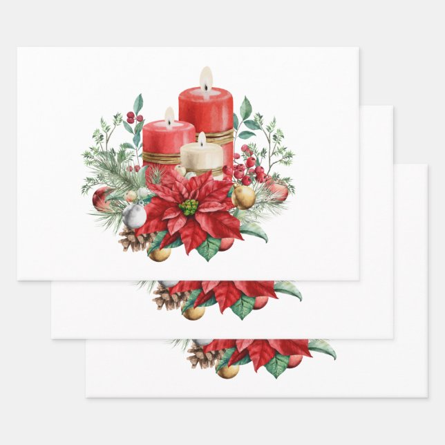 Candles and Poinsettia Bouquet Christmas Wrapping Paper Sheet (Set)