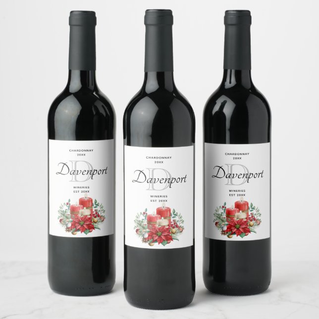 Candles and Poinsettia Bouquet Wine Making Wine Label (Bottles)