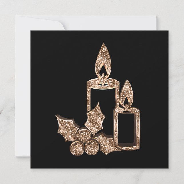 Candles Holly Modern Black and Gold Christmas Holiday Card (Front)