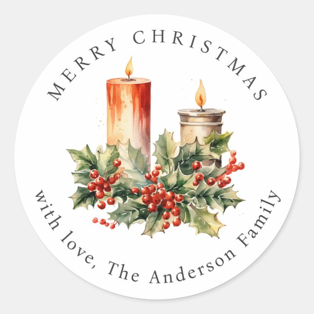 Candles Holly Red Berries Christmas Holiday Classic Round Sticker (Front)