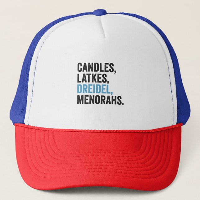 Candles Latkes Dreidel Menorahs Funny Hanukkah Jew Trucker Hat (Front)