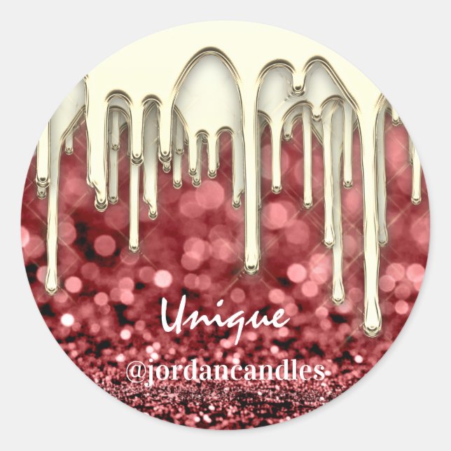 Candles Small BusIness Name Burgundy Gold Drip Classic Round Sticker (Front)