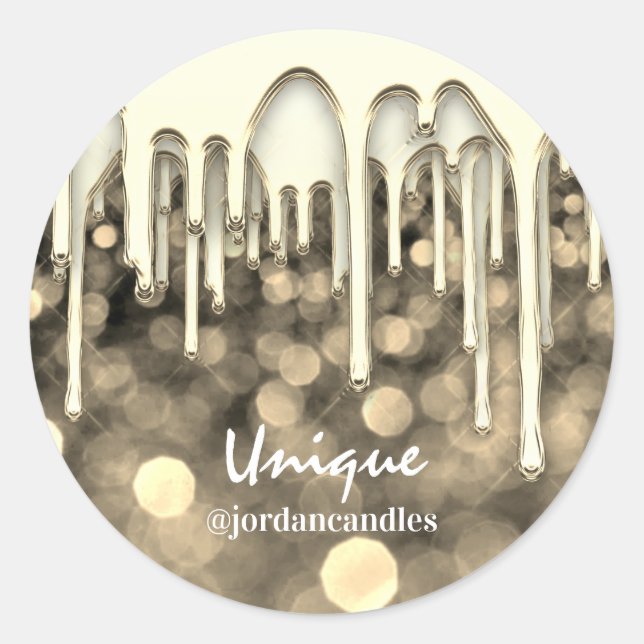 Candles Small BusIness Name Faux Gold èDrips Classic Round Sticker (Front)