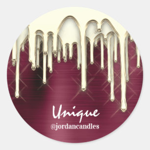 Candles Small BusIness Name Gold Drips Burgund Classic Round Sticker