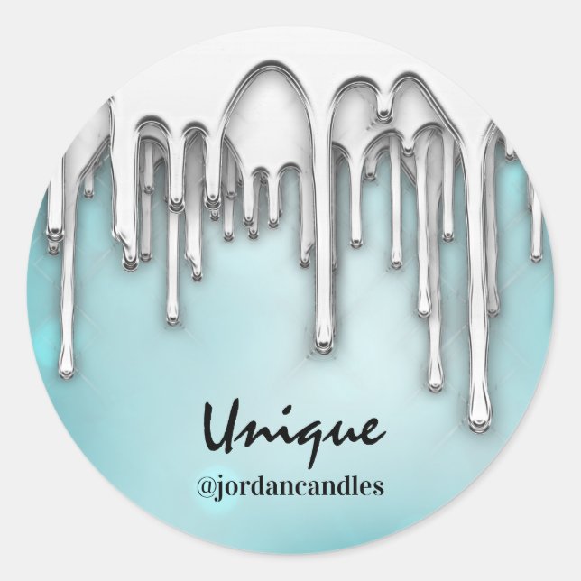 Candles Small BusIness Name Silver Blue.Drips Classic Round Sticker (Front)