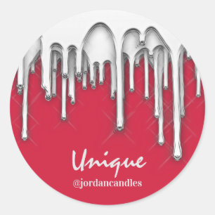 Candles Small BusIness Name Silver Grey Red Classic Round Sticker