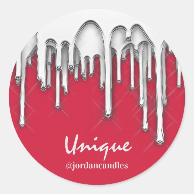Candles Small BusIness Name Silver Grey Red Classic Round Sticker (Front)