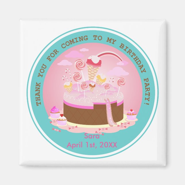 Candy and chocolate cake for birthday party magnet (Front)