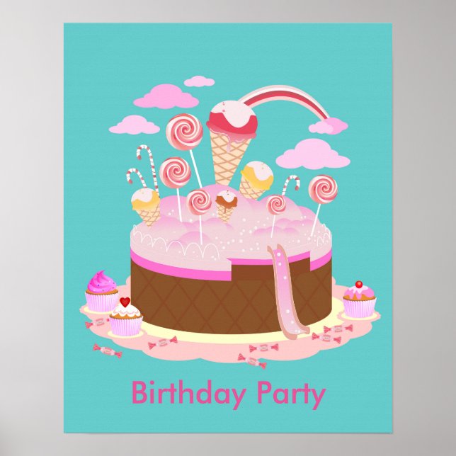 Candy and chocolate cake for birthday party poster (Front)