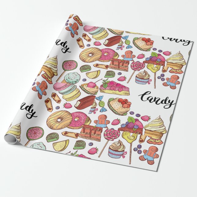 Candy and Dessert Doodles Sweet Treats Pattern  Wrapping Paper (Unrolled)