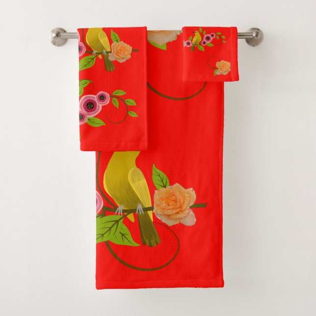 Candy Apple -  Bird & Yellow Rose Bath Towel Set (Insitu)