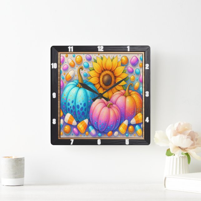 Candy Autumn Pumpkins Sunflower Square Wall Clock (Home)