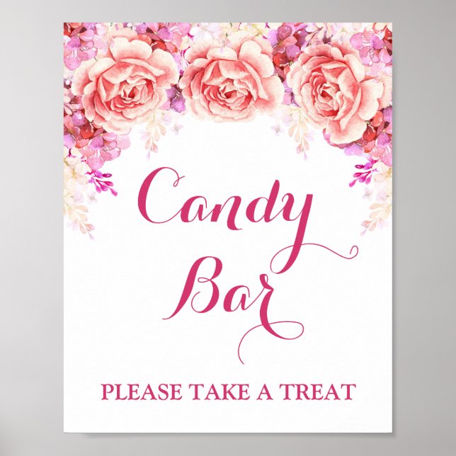 Candy Bar Sign White Pink Watercolor Flowers (Front)