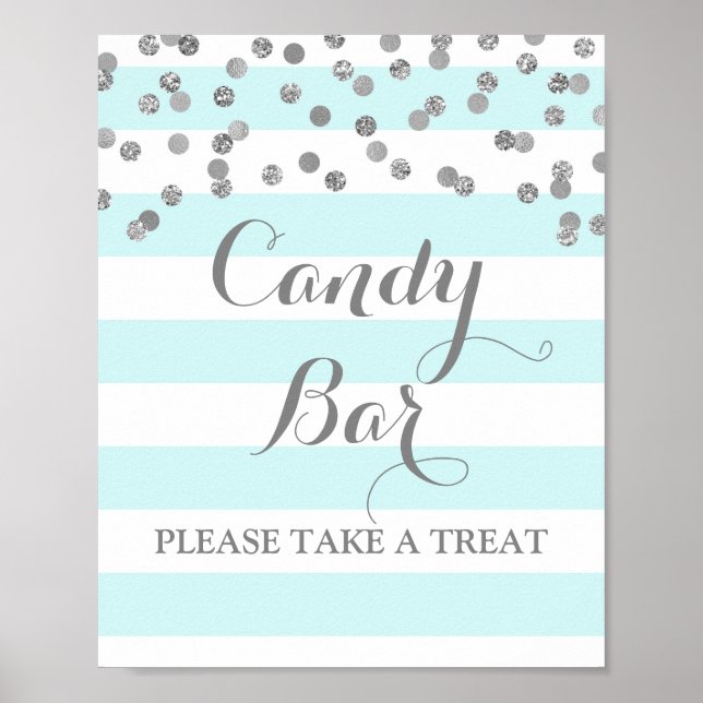 Candy Bar Wedding Sign Blue Stripes Silver (Front)