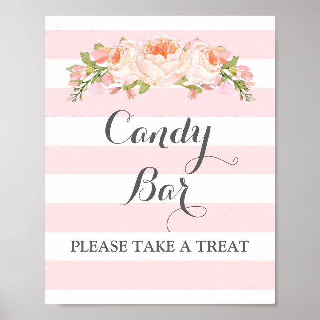 Candy Bar Wedding Sign Pink Flowers Stripes (Front)