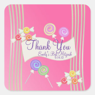 Candy Bat Mitzvah Favour Thank You Dark Pink Square Sticker
