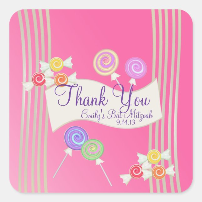Candy Bat Mitzvah Favour Thank You Dark Pink Square Sticker (Front)