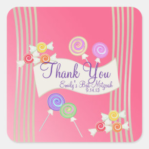 Candy Bat Mitzvah Favour Thank You Watermelon Pink Square Sticker
