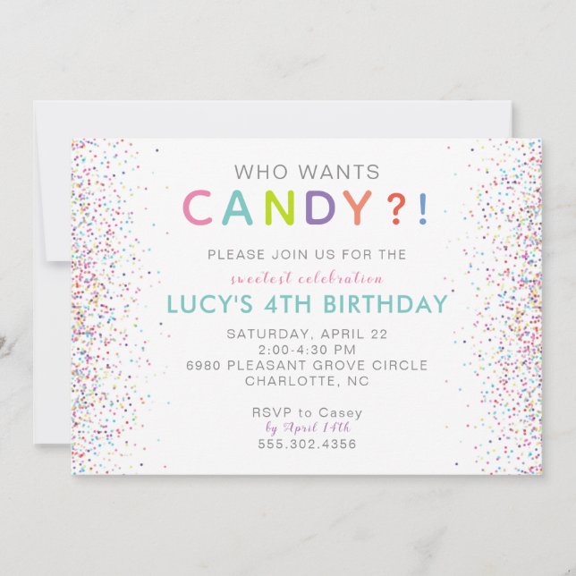 Candy Birthday Invitation, Who Wants Candy?! Invitation (Front)