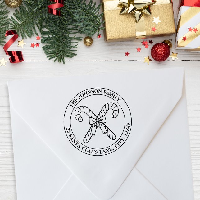 Candy Cane and Bow Family Emblem + Address Rubber Stamp (Candy Cane and Bow Family Emblem + Address Rubber Stamp)