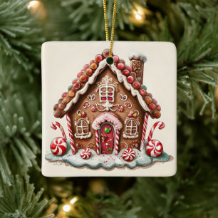 Candy Cane and Gumdrop Delight Gingerbread House Ceramic Ornament