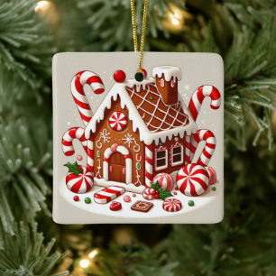 Candy Cane and Holiday Delights Gingerbread House Ceramic Ornament